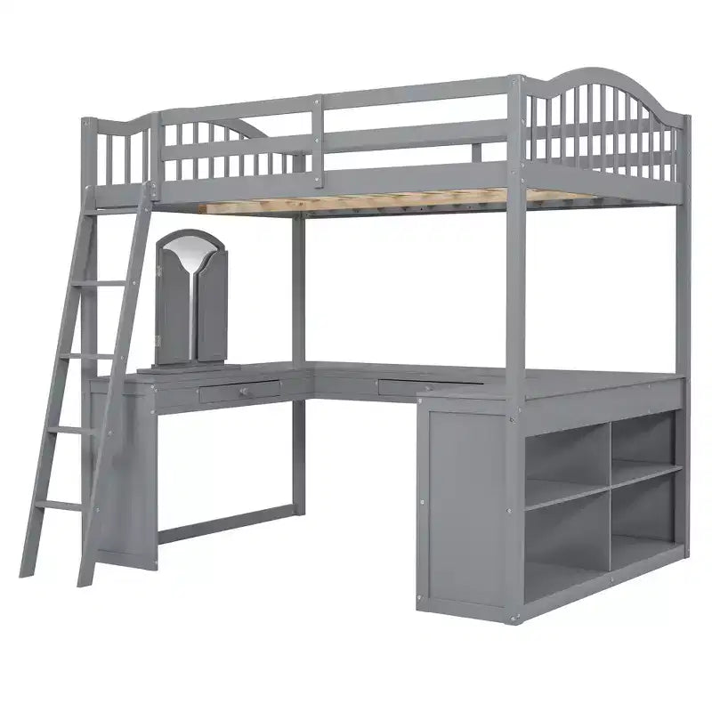 Full Size Loft Bed with Desk, Wood Loft Bed with Drawers & Storage Shelves, High Loft Bed Full with Vanity Mirror for Kids Teens Adults