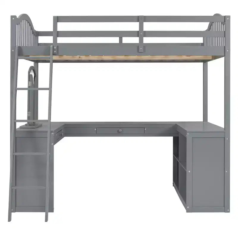 Full Size Loft Bed with Desk, Wood Loft Bed with Drawers & Storage Shelves, High Loft Bed Full with Vanity Mirror for Kids Teens Adults