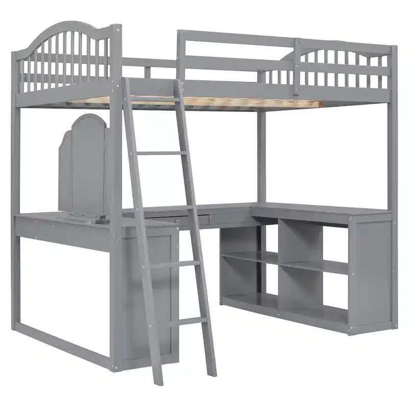 Full Size Loft Bed with Desk, Wood Loft Bed with Drawers & Storage Shelves, High Loft Bed Full with Vanity Mirror for Kids Teens Adults