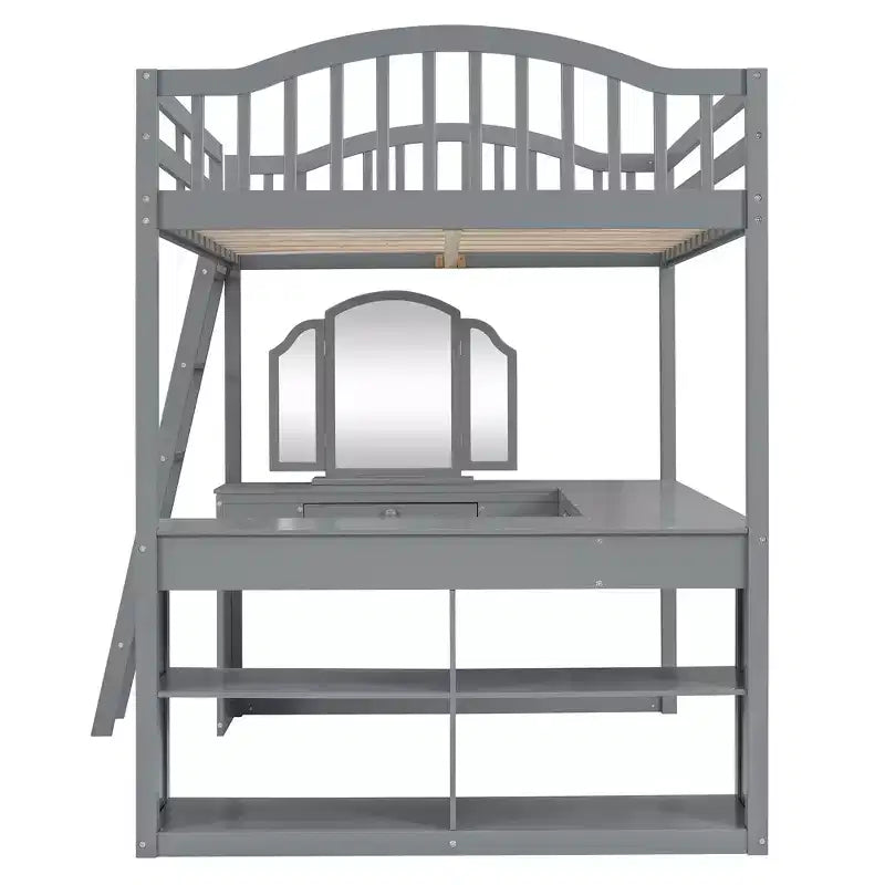 Full Size Loft Bed with Desk, Wood Loft Bed with Drawers & Storage Shelves, High Loft Bed Full with Vanity Mirror for Kids Teens Adults