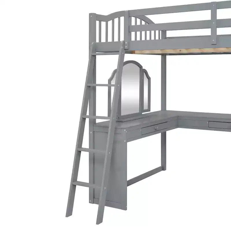 Full Size Loft Bed with Desk, Wood Loft Bed with Drawers & Storage Shelves, High Loft Bed Full with Vanity Mirror for Kids Teens Adults