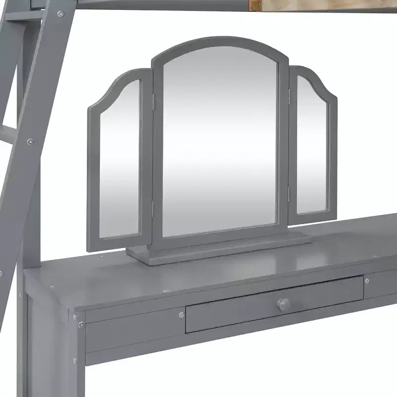 Full Size Loft Bed with Desk, Wood Loft Bed with Drawers & Storage Shelves, High Loft Bed Full with Vanity Mirror for Kids Teens Adults