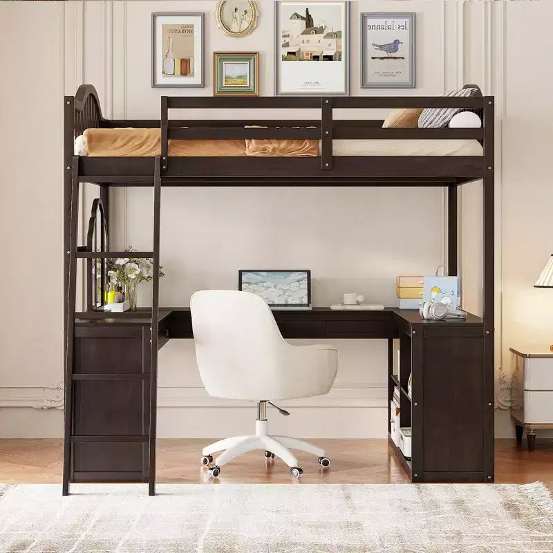 Full Size Loft Bed with Desk, Wood Loft Bed with Drawers & Storage Shelves, High Loft Bed Full with Vanity Mirror for Kids Teens Adults