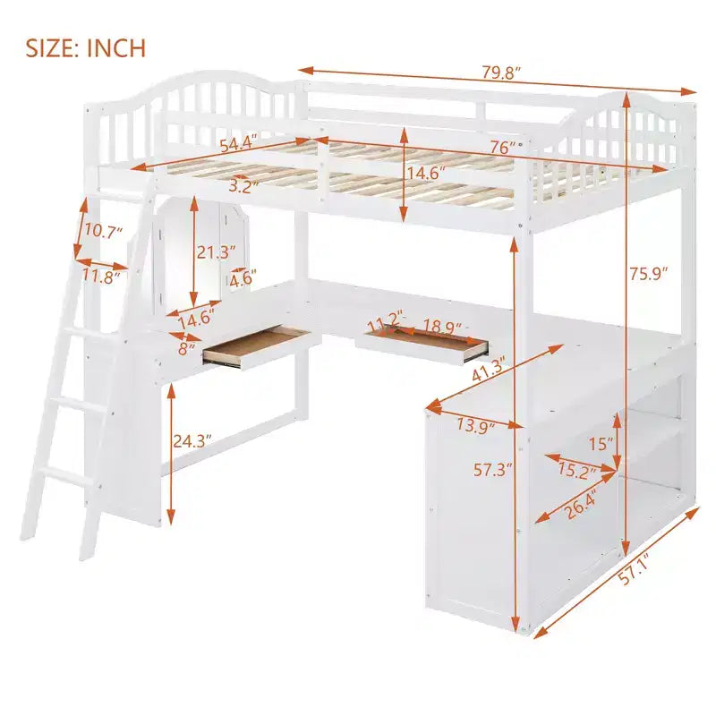 Full Size Loft Bed with Desk, Wood Loft Bed with Drawers & Storage Shelves, High Loft Bed Full with Vanity Mirror for Kids Teens Adults
