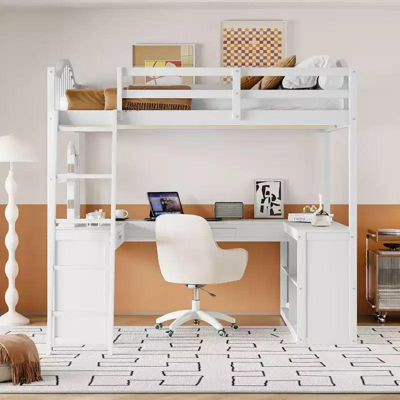 Full Size Loft Bed with Desk, Wood Loft Bed with Drawers & Storage Shelves, High Loft Bed Full with Vanity Mirror for Kids Teens Adults