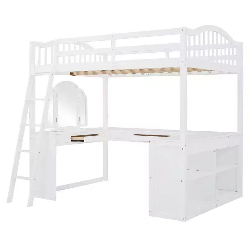 Full Size Loft Bed with Desk, Wood Loft Bed with Drawers & Storage Shelves, High Loft Bed Full with Vanity Mirror for Kids Teens Adults