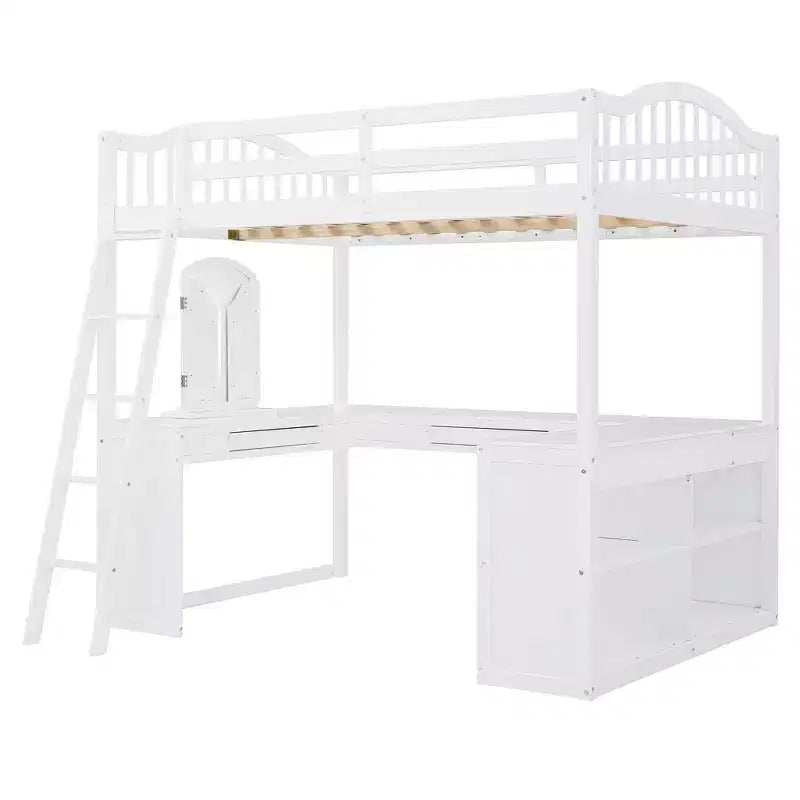 Full Size Loft Bed with Desk, Wood Loft Bed with Drawers & Storage Shelves, High Loft Bed Full with Vanity Mirror for Kids Teens Adults