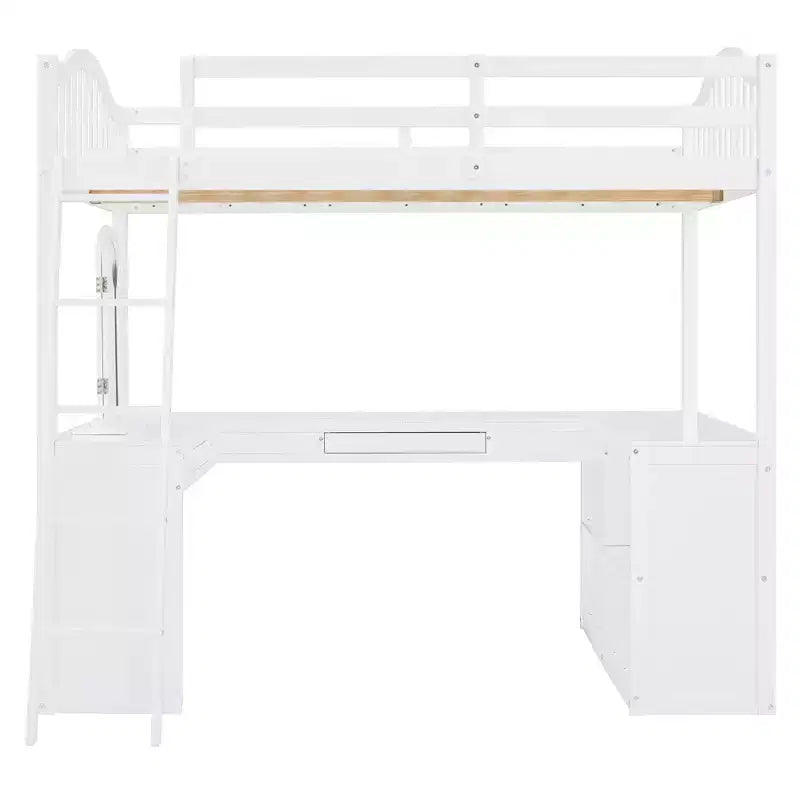 Full Size Loft Bed with Desk, Wood Loft Bed with Drawers & Storage Shelves, High Loft Bed Full with Vanity Mirror for Kids Teens Adults