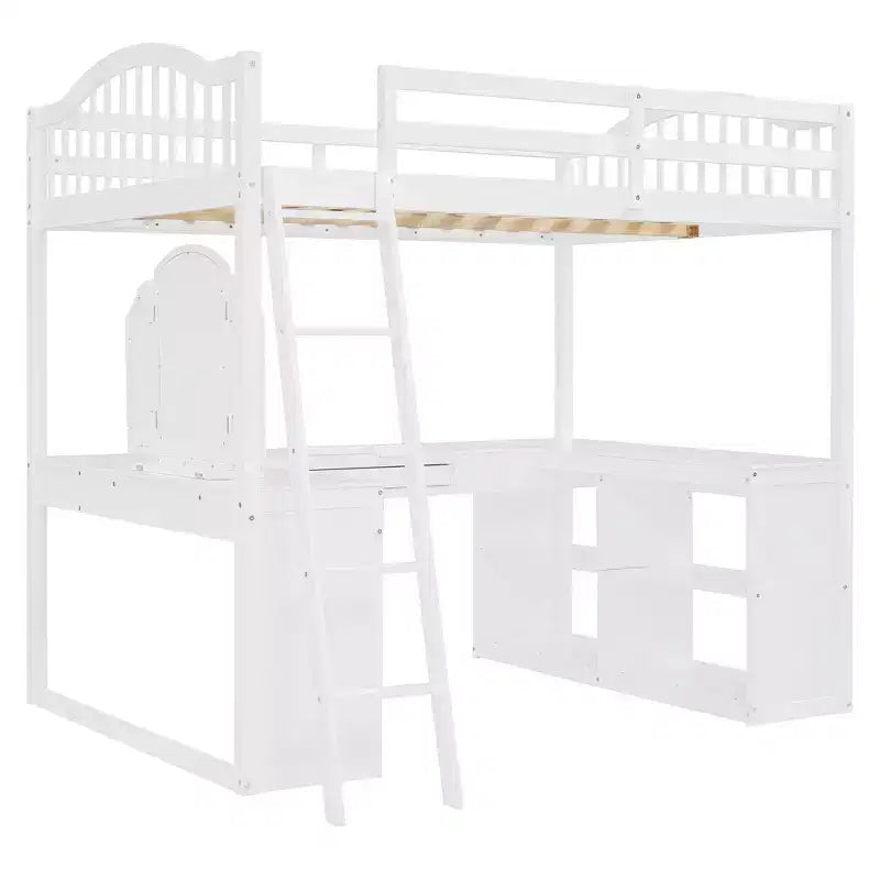 Full Size Loft Bed with Desk, Wood Loft Bed with Drawers & Storage Shelves, High Loft Bed Full with Vanity Mirror for Kids Teens Adults