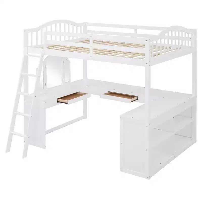 Full Size Loft Bed with Desk, Wood Loft Bed with Drawers & Storage Shelves, High Loft Bed Full with Vanity Mirror for Kids Teens Adults