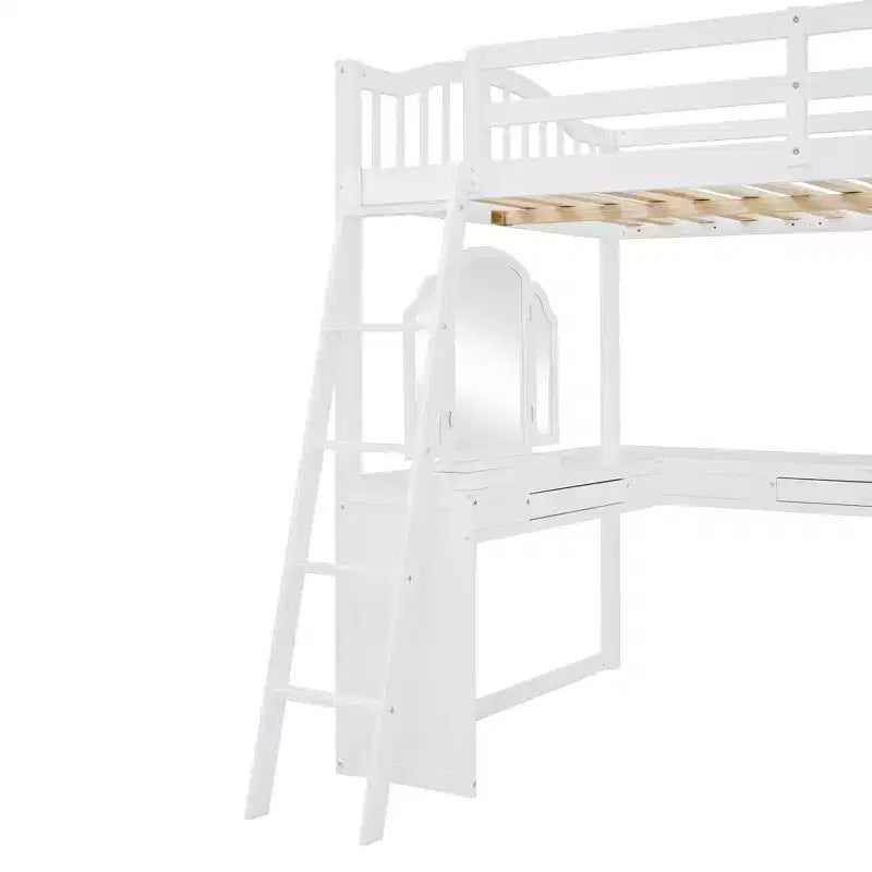 Full Size Loft Bed with Desk, Wood Loft Bed with Drawers & Storage Shelves, High Loft Bed Full with Vanity Mirror for Kids Teens Adults