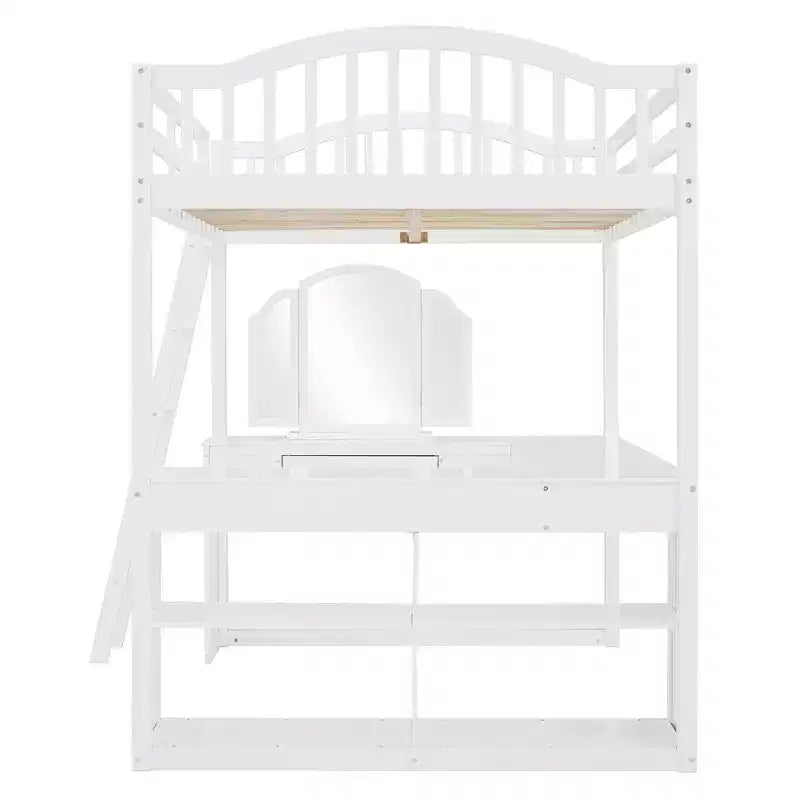 Full Size Loft Bed with Desk, Wood Loft Bed with Drawers & Storage Shelves, High Loft Bed Full with Vanity Mirror for Kids Teens Adults