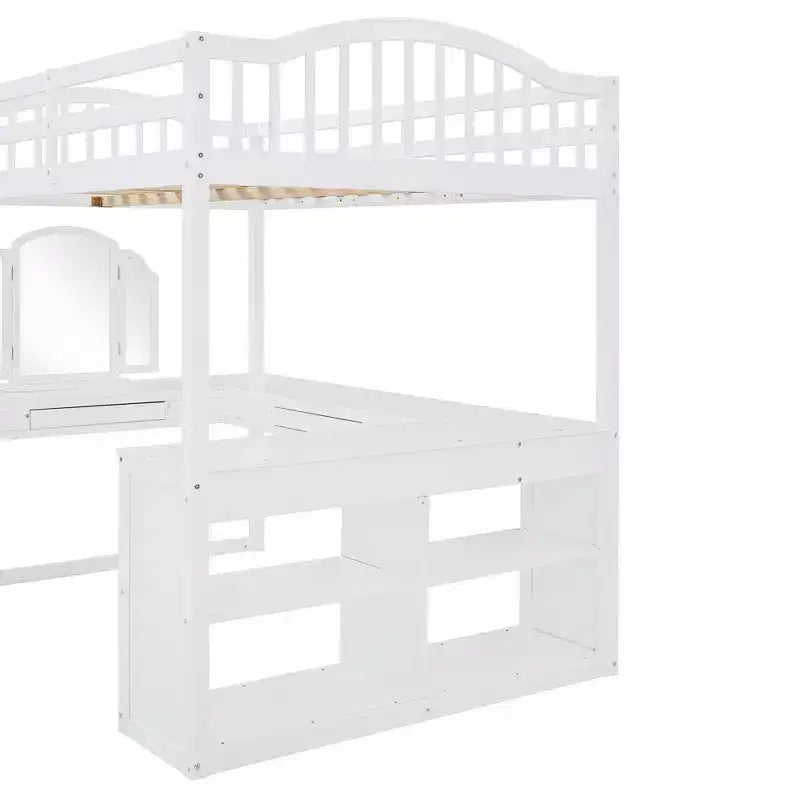 Full Size Loft Bed with Desk, Wood Loft Bed with Drawers & Storage Shelves, High Loft Bed Full with Vanity Mirror for Kids Teens Adults