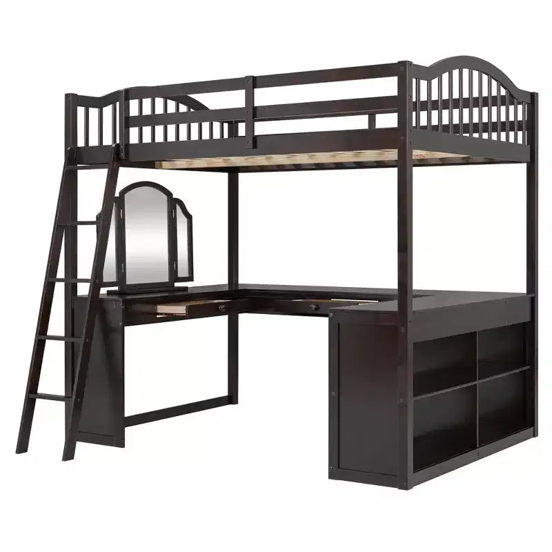 Full Size Loft Bed with Desk, Wood Loft Bed with Drawers & Storage Shelves, High Loft Bed Full with Vanity Mirror for Kids Teens Adults