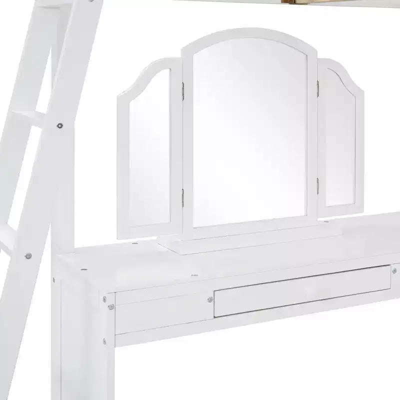 Full Size Loft Bed with Desk, Wood Loft Bed with Drawers & Storage Shelves, High Loft Bed Full with Vanity Mirror for Kids Teens Adults