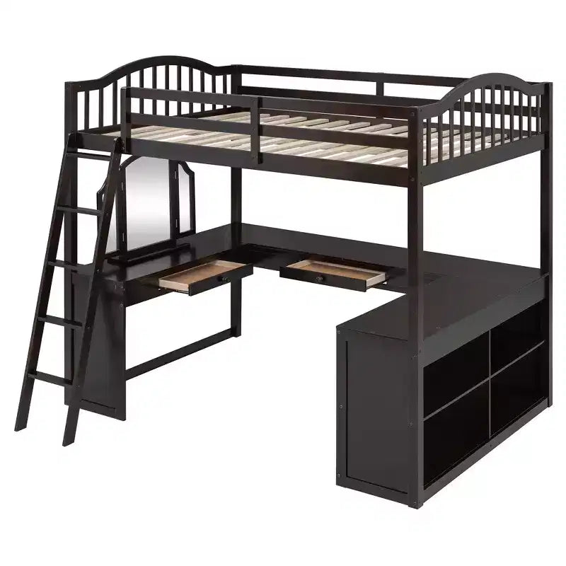 Full Size Loft Bed with Desk, Wood Loft Bed with Drawers & Storage Shelves, High Loft Bed Full with Vanity Mirror for Kids Teens Adults