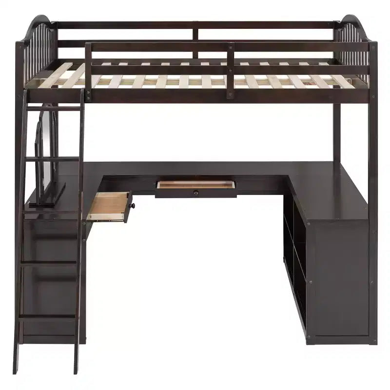 Full Size Loft Bed with Desk, Wood Loft Bed with Drawers & Storage Shelves, High Loft Bed Full with Vanity Mirror for Kids Teens Adults