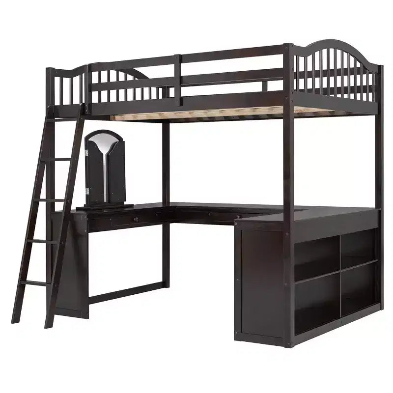 Full Size Loft Bed with Desk, Wood Loft Bed with Drawers & Storage Shelves, High Loft Bed Full with Vanity Mirror for Kids Teens Adults