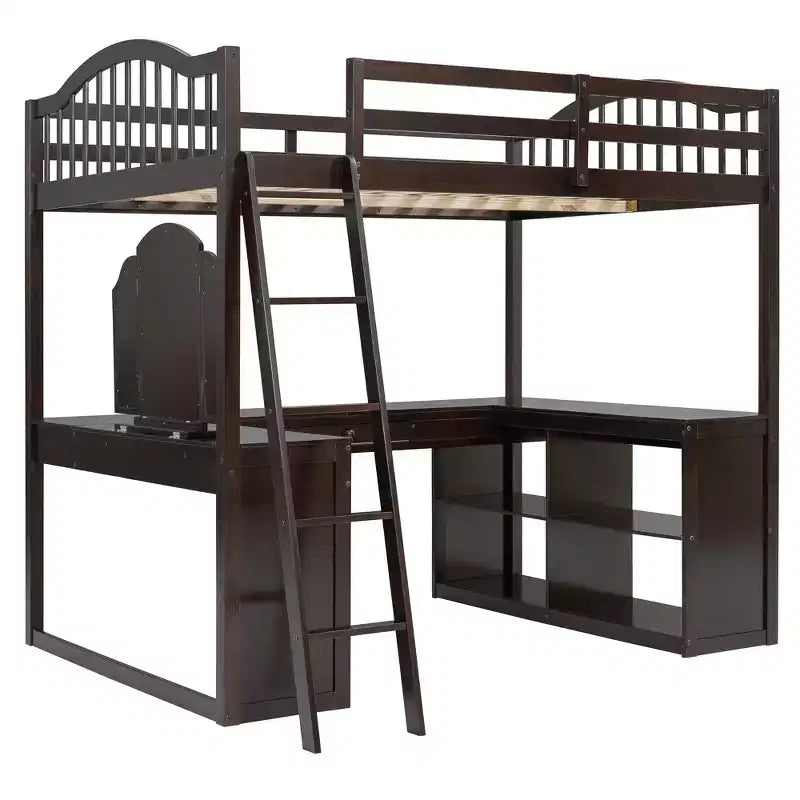 Full Size Loft Bed with Desk, Wood Loft Bed with Drawers & Storage Shelves, High Loft Bed Full with Vanity Mirror for Kids Teens Adults