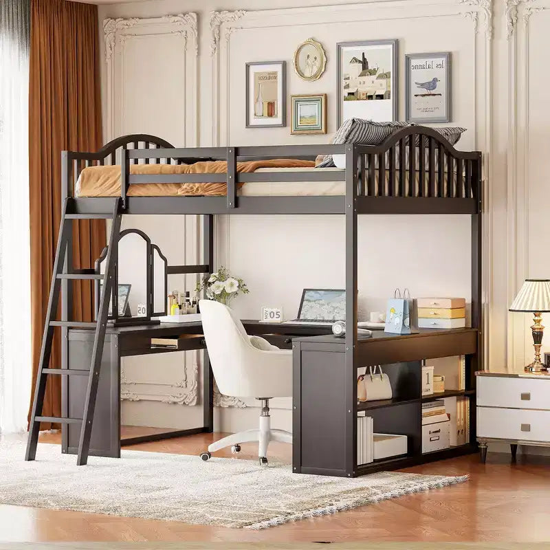 Full Size Loft Bed with Desk, Wood Loft Bed with Drawers & Storage Shelves, High Loft Bed Full with Vanity Mirror for Kids Teens Adults