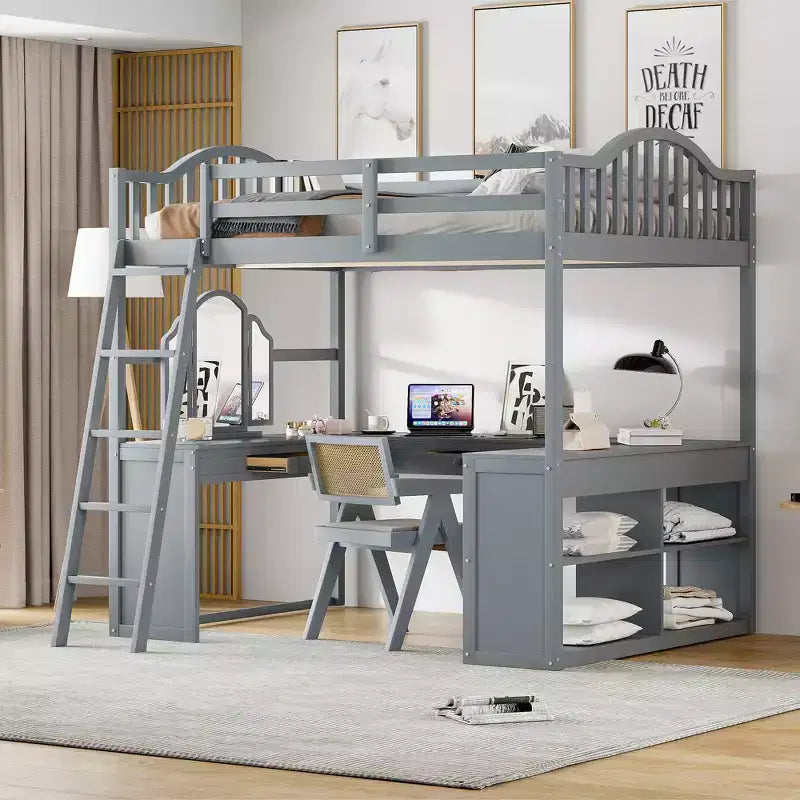 Full Size Loft Bed with Desk, Wood Loft Bed with Drawers & Storage Shelves, High Loft Bed Full with Vanity Mirror for Kids Teens Adults