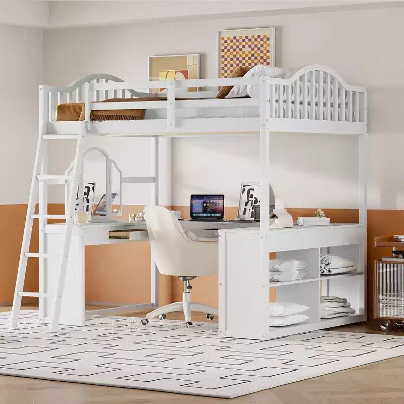 Full Size Loft Bed with Desk, Wood Loft Bed with Drawers & Storage Shelves, High Loft Bed Full with Vanity Mirror for Kids Teens Adults