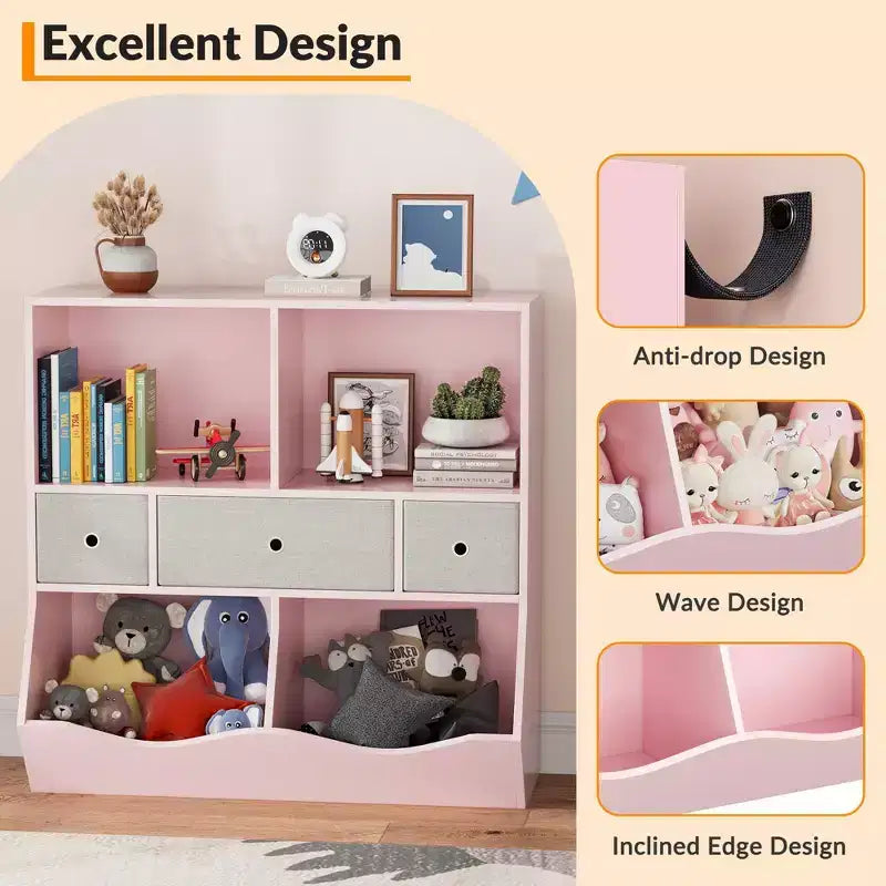 Kids Bookshelf, 3-Tier Toy Storage Cabinet Toy Chest, Multifunctional Storage Chest for Nursery, Children's Room, Bedroom, School