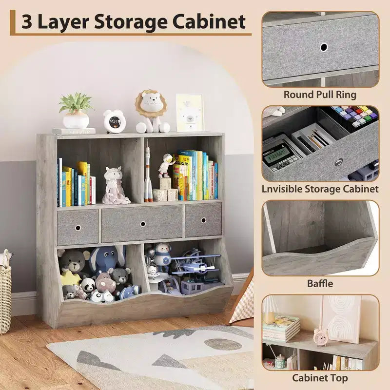 Kids Bookshelf, 3-Tier Toy Storage Cabinet Toy Chest, Multifunctional Storage Chest for Nursery, Children's Room, Bedroom, School