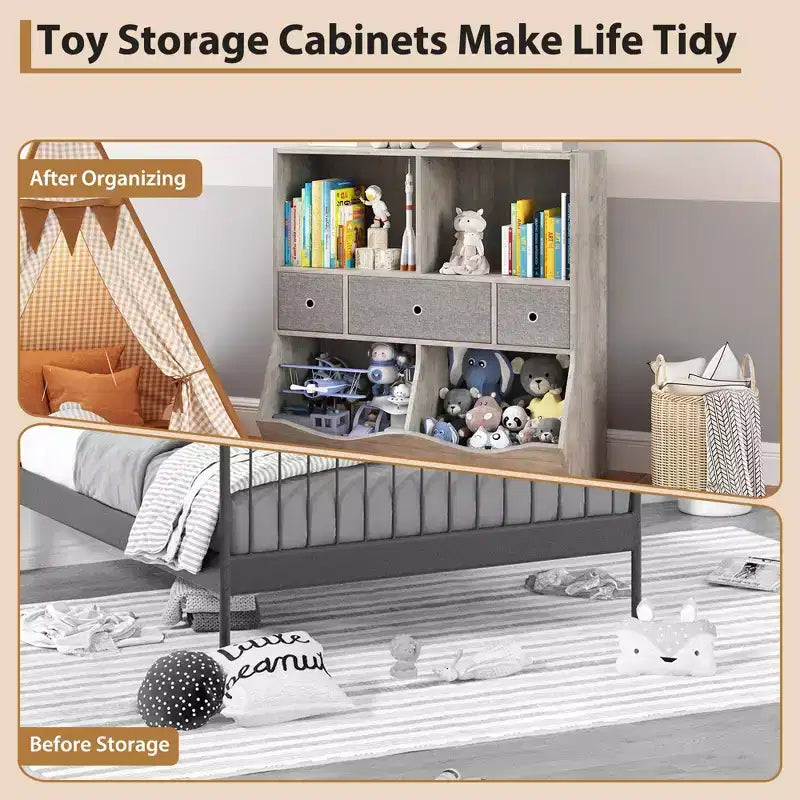 Kids Bookshelf, 3-Tier Toy Storage Cabinet Toy Chest, Multifunctional Storage Chest for Nursery, Children's Room, Bedroom, School