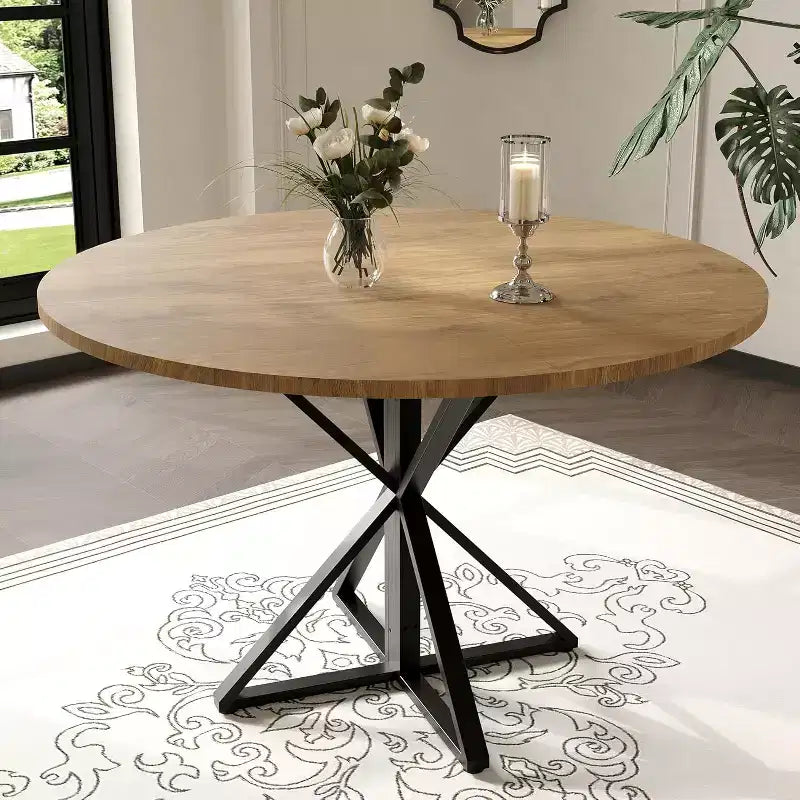 47in Round Dining Table for 4, Wooden Kitchen Tables with Metal Pedestal & 4 Parts of Tabletop, Save Space, Circle Dinner Table for Home