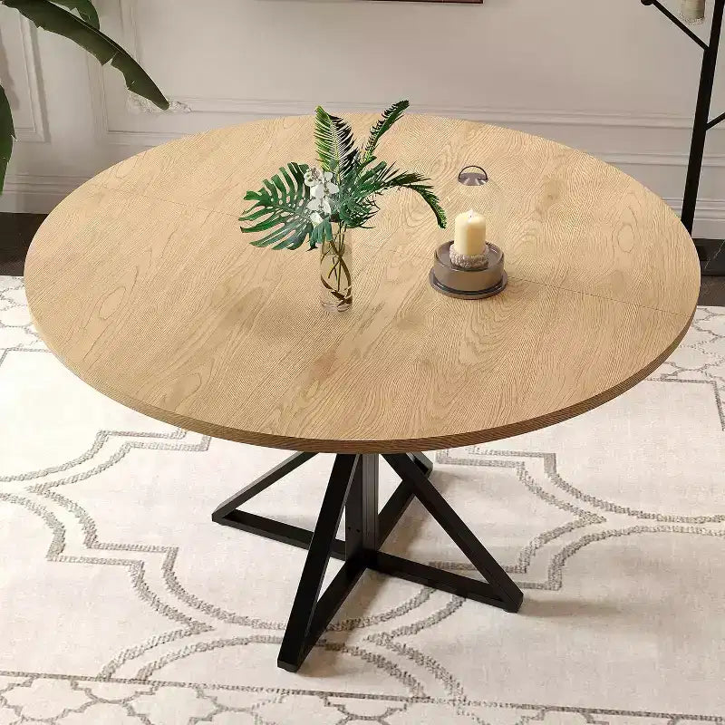 47in Round Dining Table for 4, Wooden Kitchen Tables with Metal Pedestal & 4 Parts of Tabletop, Save Space, Circle Dinner Table for Home
