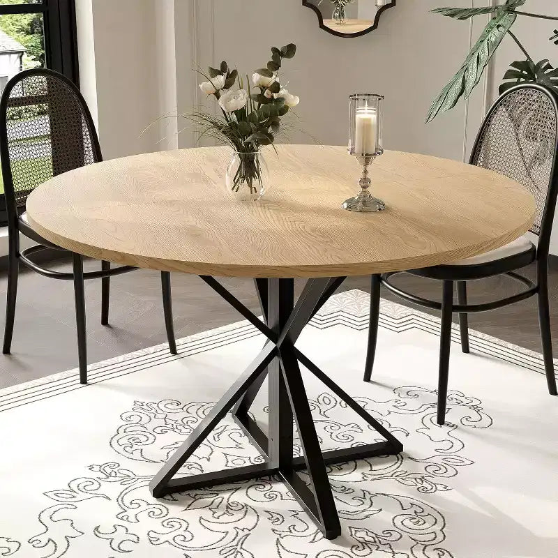 47in Round Dining Table for 4, Wooden Kitchen Tables with Metal Pedestal & 4 Parts of Tabletop, Save Space, Circle Dinner Table for Home