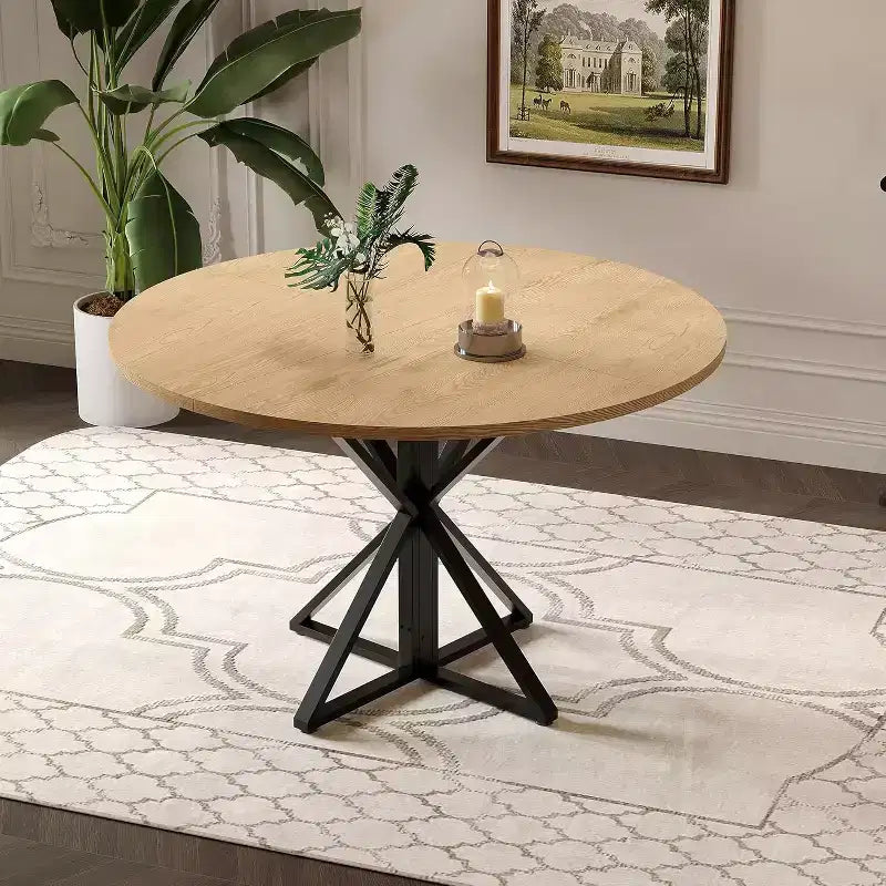 47in Round Dining Table for 4, Wooden Kitchen Tables with Metal Pedestal & 4 Parts of Tabletop, Save Space, Circle Dinner Table for Home