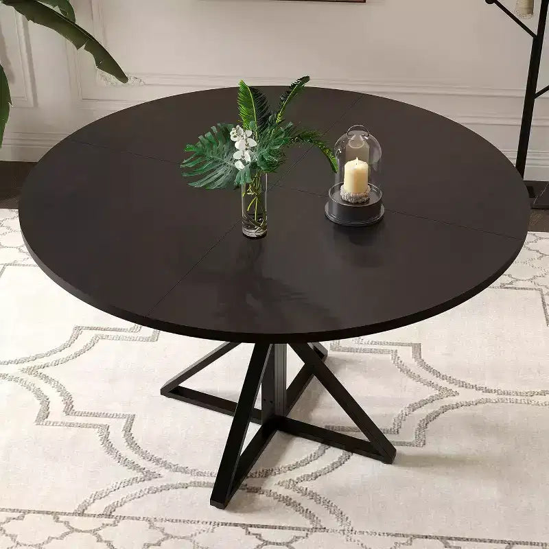 47in Round Dining Table for 4, Wooden Kitchen Tables with Metal Pedestal & 4 Parts of Tabletop, Save Space, Circle Dinner Table for Home