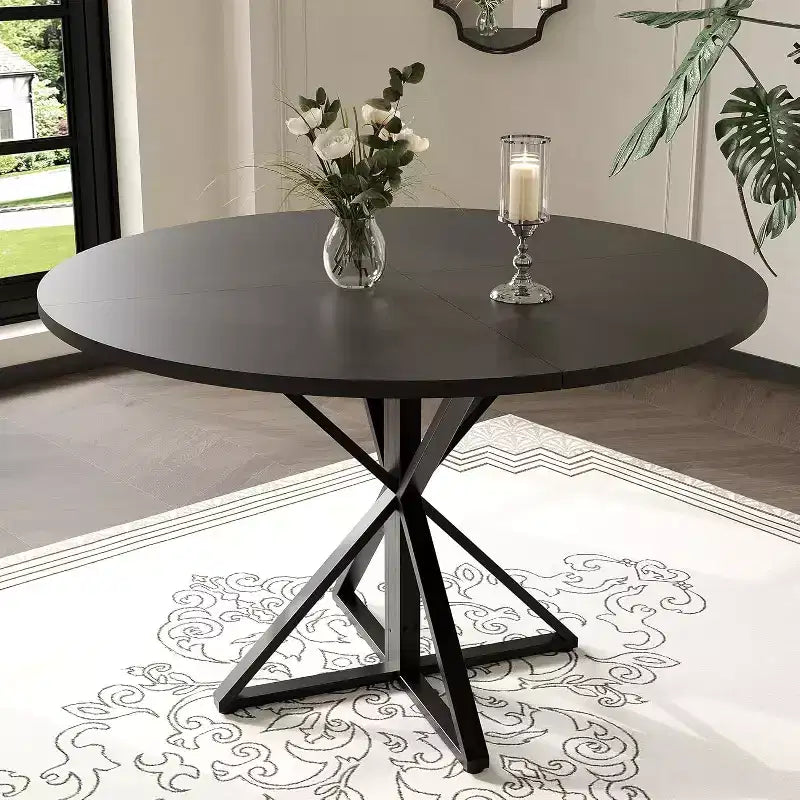 47in Round Dining Table for 4, Wooden Kitchen Tables with Metal Pedestal & 4 Parts of Tabletop, Save Space, Circle Dinner Table for Home