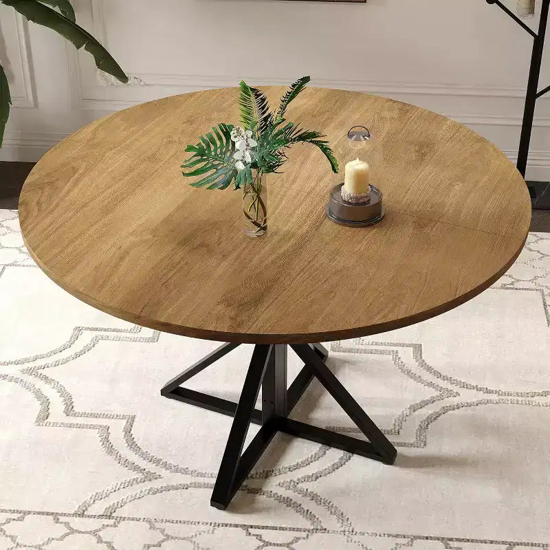 47in Round Dining Table for 4, Wooden Kitchen Tables with Metal Pedestal & 4 Parts of Tabletop, Save Space, Circle Dinner Table for Home