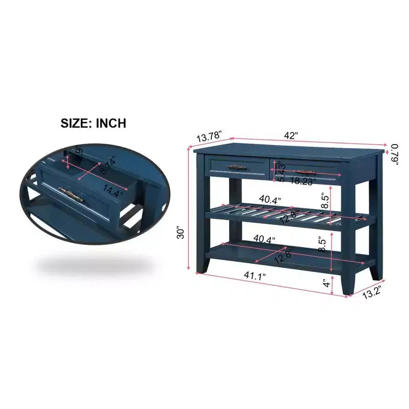 Hostack 42'' Console Table Sideboard with 2 Storage Drawers and 2 Tiers Shelves for Living and Dining Room, Navy