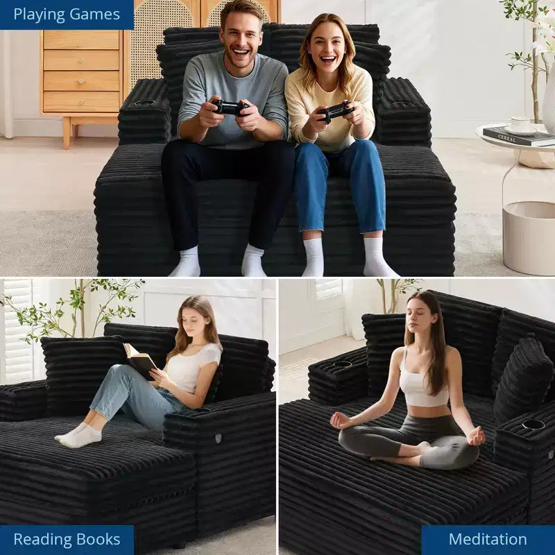54 Oversized Chaise Lounge Chair, Upholstered Sleeper Sofa Bed with 4 Pillows & Cup Holder, Corduroy Comfy Sofa Couch for Living Room Bedroom
