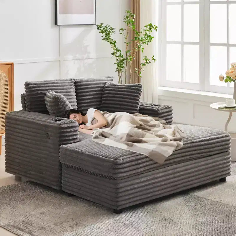 54 Oversized Chaise Lounge Chair, Upholstered Sleeper Sofa Bed with 4 Pillows & Cup Holder, Corduroy Comfy Sofa Couch for Living Room Bedroom