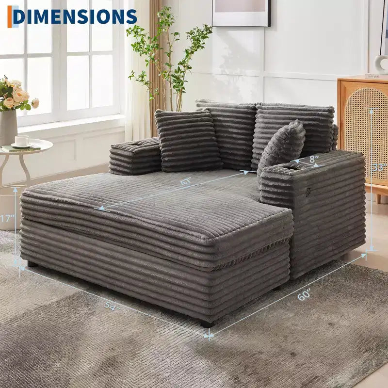 54 Oversized Chaise Lounge Chair, Upholstered Sleeper Sofa Bed with 4 Pillows & Cup Holder, Corduroy Comfy Sofa Couch for Living Room Bedroom