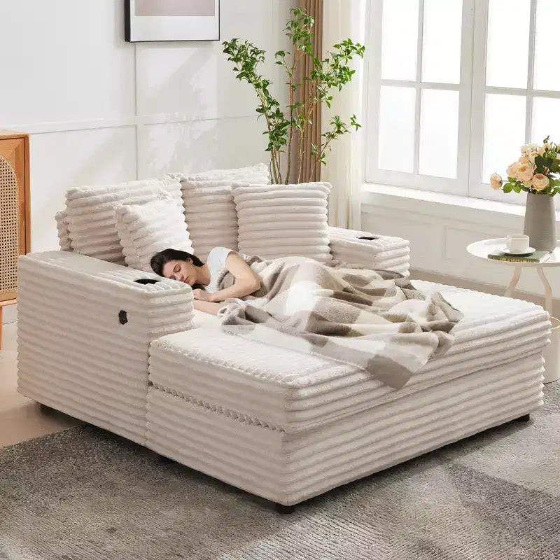 54 Oversized Chaise Lounge Chair, Upholstered Sleeper Sofa Bed with 4 Pillows & Cup Holder, Corduroy Comfy Sofa Couch for Living Room Bedroom
