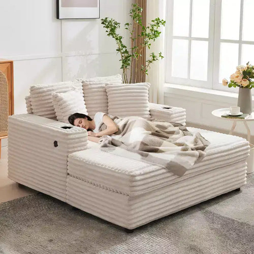 54 Oversized Chaise Lounge Chair, Upholstered Sleeper Sofa Bed with 4 Pillows & Cup Holder, Corduroy Comfy Sofa Couch for Living Room Bedroom