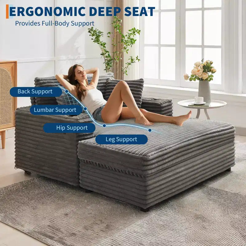 54 Oversized Chaise Lounge Chair, Upholstered Sleeper Sofa Bed with 4 Pillows & Cup Holder, Corduroy Comfy Sofa Couch for Living Room Bedroom