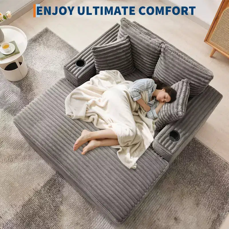 54 Oversized Chaise Lounge Chair, Upholstered Sleeper Sofa Bed with 4 Pillows & Cup Holder, Corduroy Comfy Sofa Couch for Living Room Bedroom