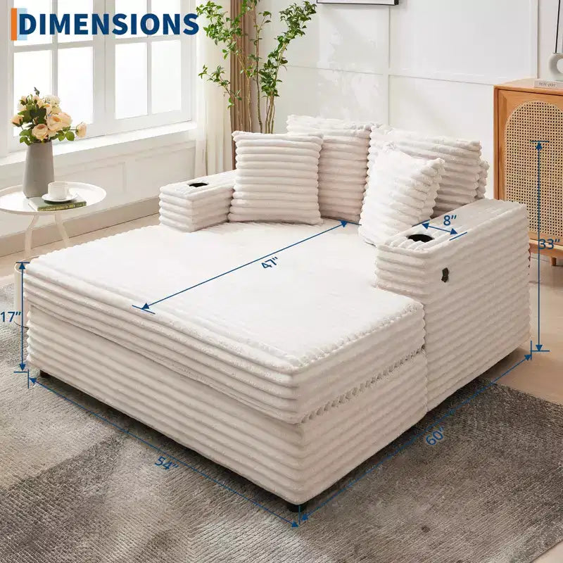 54 Oversized Chaise Lounge Chair, Upholstered Sleeper Sofa Bed with 4 Pillows & Cup Holder, Corduroy Comfy Sofa Couch for Living Room Bedroom