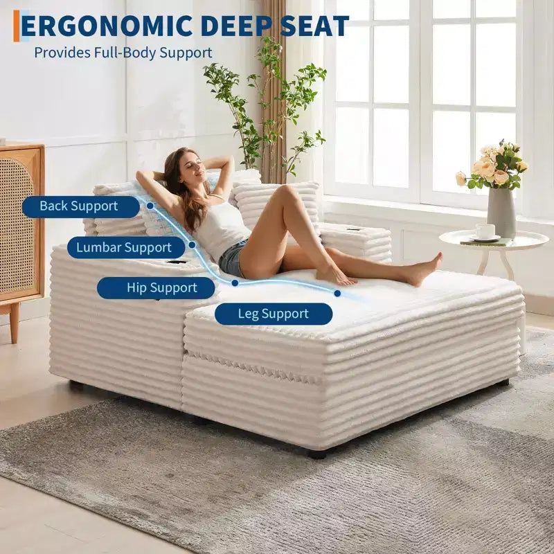 54 Oversized Chaise Lounge Chair, Upholstered Sleeper Sofa Bed with 4 Pillows & Cup Holder, Corduroy Comfy Sofa Couch for Living Room Bedroom