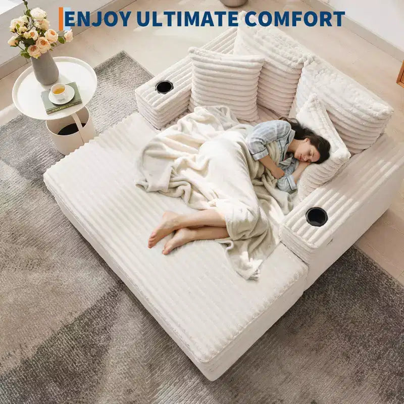 54 Oversized Chaise Lounge Chair, Upholstered Sleeper Sofa Bed with 4 Pillows & Cup Holder, Corduroy Comfy Sofa Couch for Living Room Bedroom