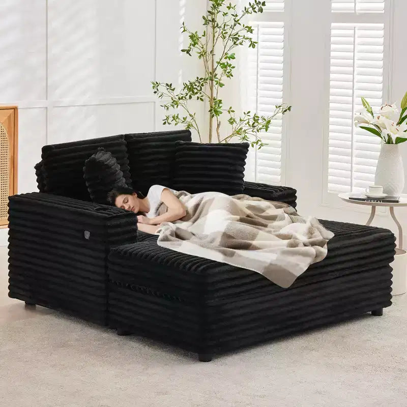 54 Oversized Chaise Lounge Chair, Upholstered Sleeper Sofa Bed with 4 Pillows & Cup Holder, Corduroy Comfy Sofa Couch for Living Room Bedroom