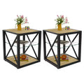 Set of 2 Modern End Tables with Drawer - Rustic Wood-Grain MDF and Tempered Glass Top Nightstands for Bedroom and Living Room