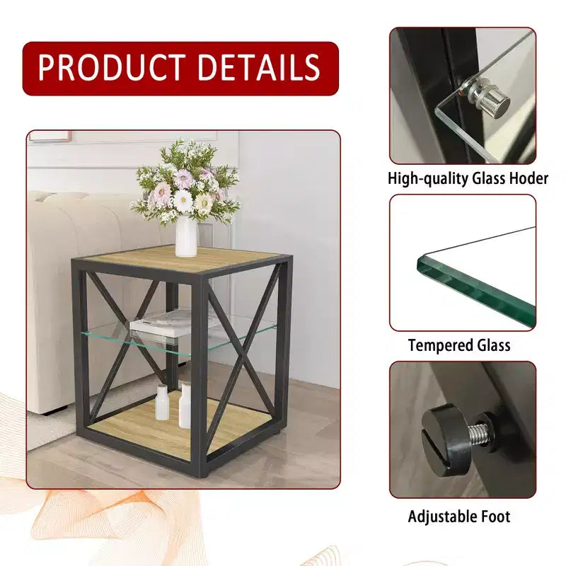 Set of 2 Modern End Tables with Drawer - Rustic Wood-Grain MDF and Tempered Glass Top Nightstands for Bedroom and Living Room